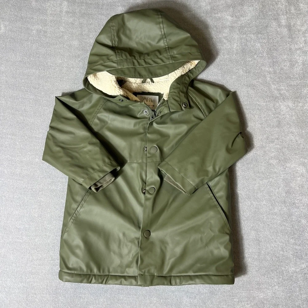 Zara Baby Olive Green Hooded Raincoat Faux Shearling Lined 18-24 Months